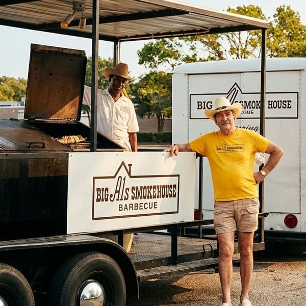 Two men with cowboy hats stand by a Big Al's Smokehouse Barbecue food truck and smoker.