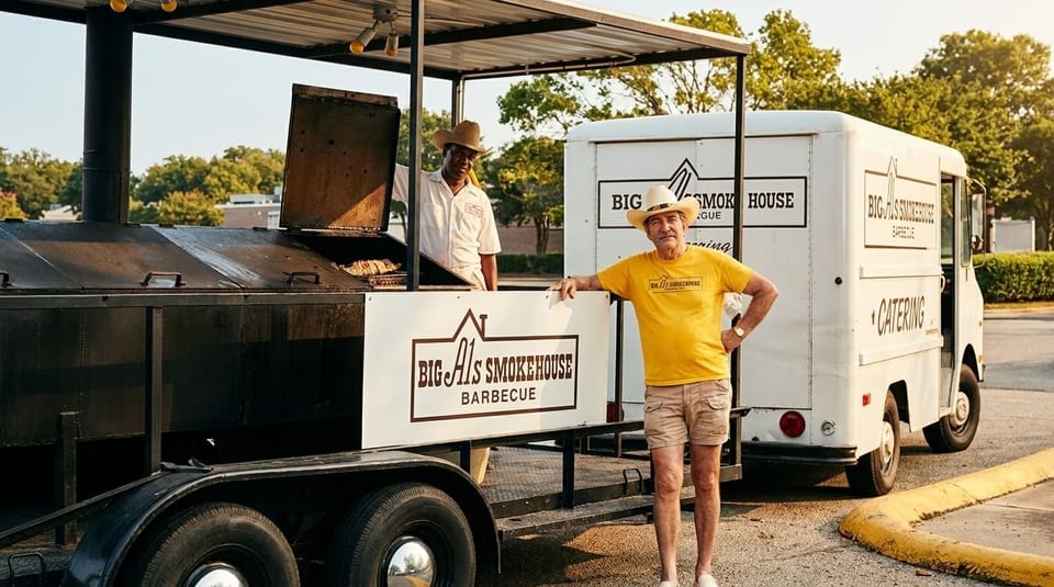 Two men with cowboy hats stand by a Big Al's Smokehouse Barbecue food truck and smoker.