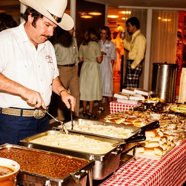 A man in a cowboy hat serves food from a buffet with chili, mashed potatoes, and rolls.