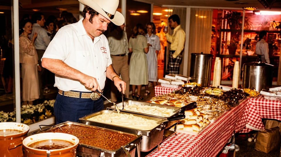 A man in a cowboy hat serves food from a buffet with chili, mashed potatoes, and rolls.