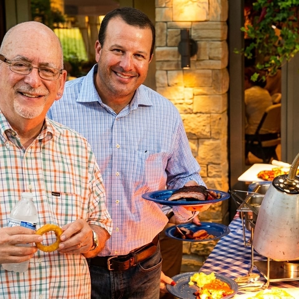 Two men smiling at a buffet table with barbecue food and warming trays.