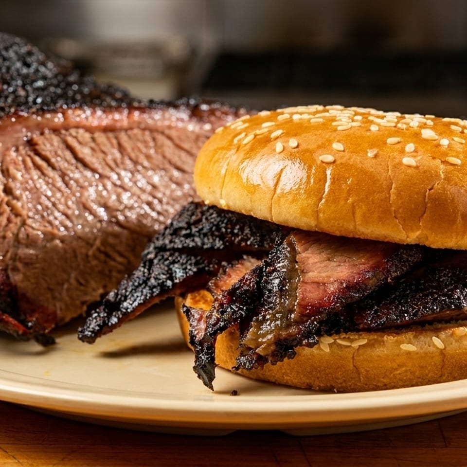 Smoked brisket sandwich with a sesame seed bun next to a large piece of sliced brisket.