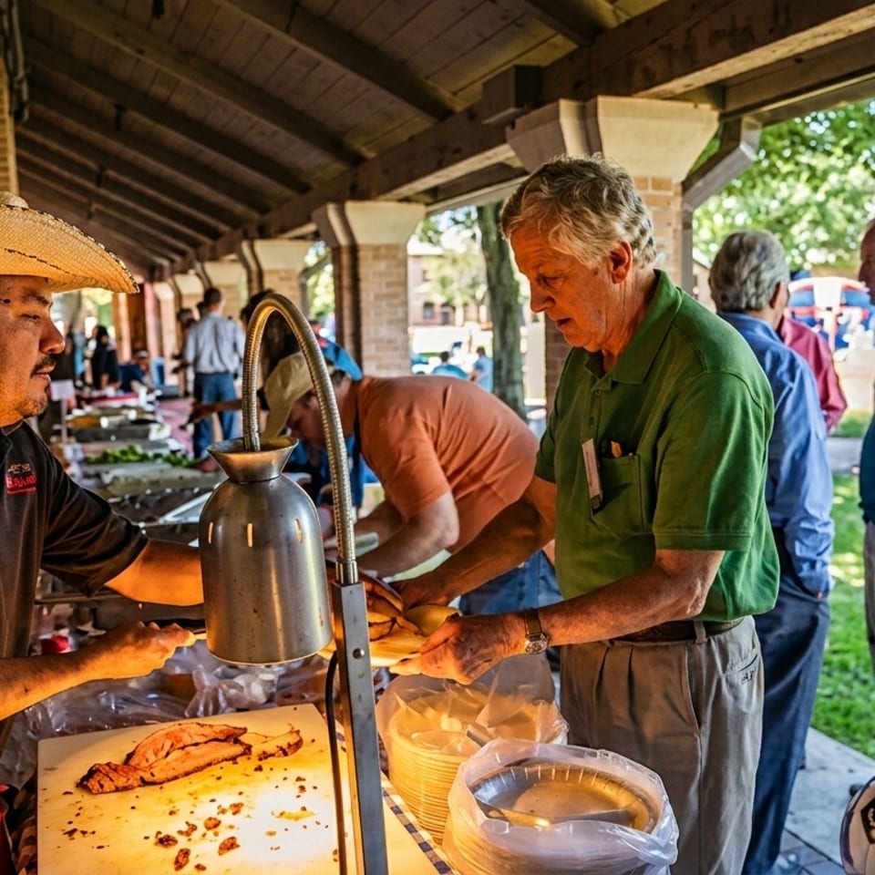 A chef in a straw hat carves meat for customers at an outdoor buffet under a pavilion.