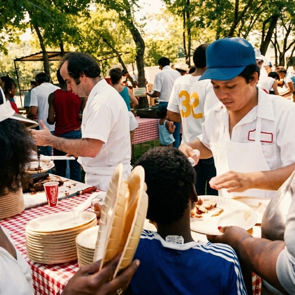 People gather around a food table with a red and white checkered tablecloth at an outdoor event.