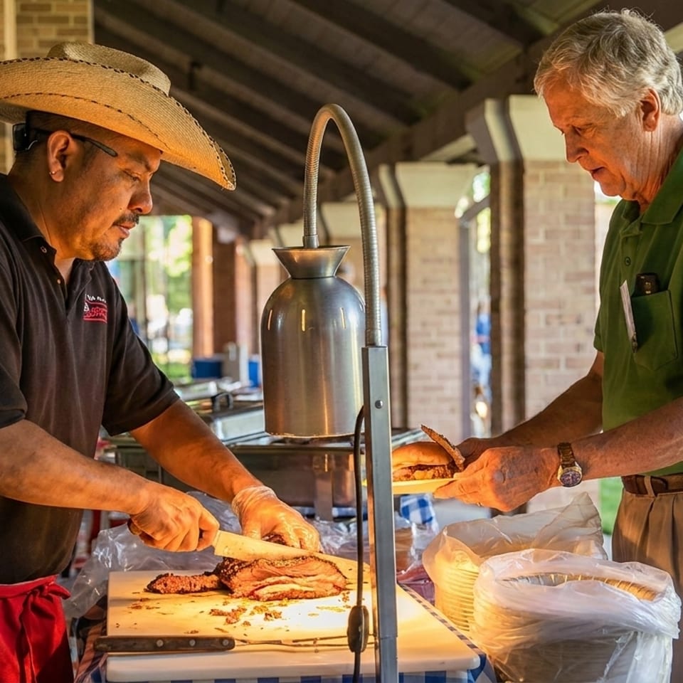 A chef in a straw hat carves brisket for a customer at an outdoor buffet station.