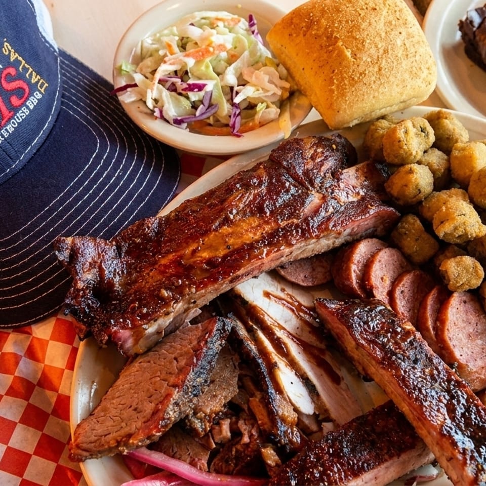 Big Al's Smokehouse BBQ hat next to a platter of ribs, brisket, sausage, fried okra, and coleslaw.