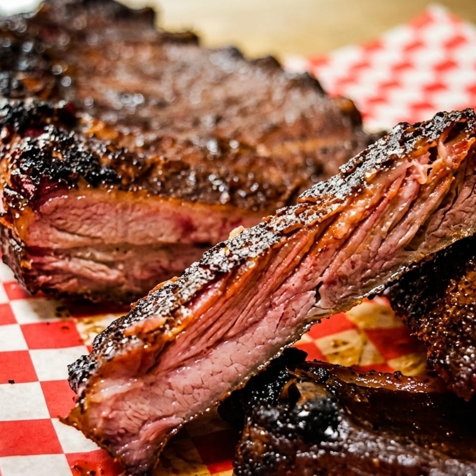 Close-up of a rack of smoked ribs with a cross-section showing tender meat on red and white checkered paper.
