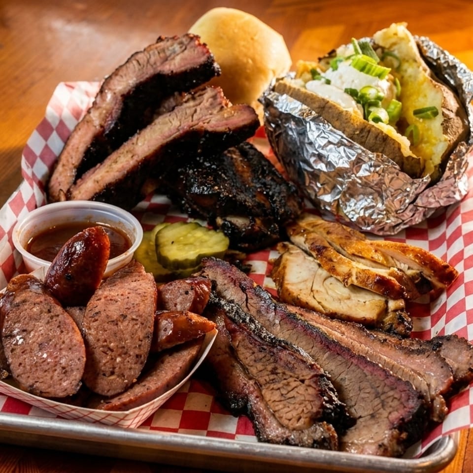 A barbecue platter with ribs, brisket, sausage, chicken, baked potato, and pickles on a red checkered tray.