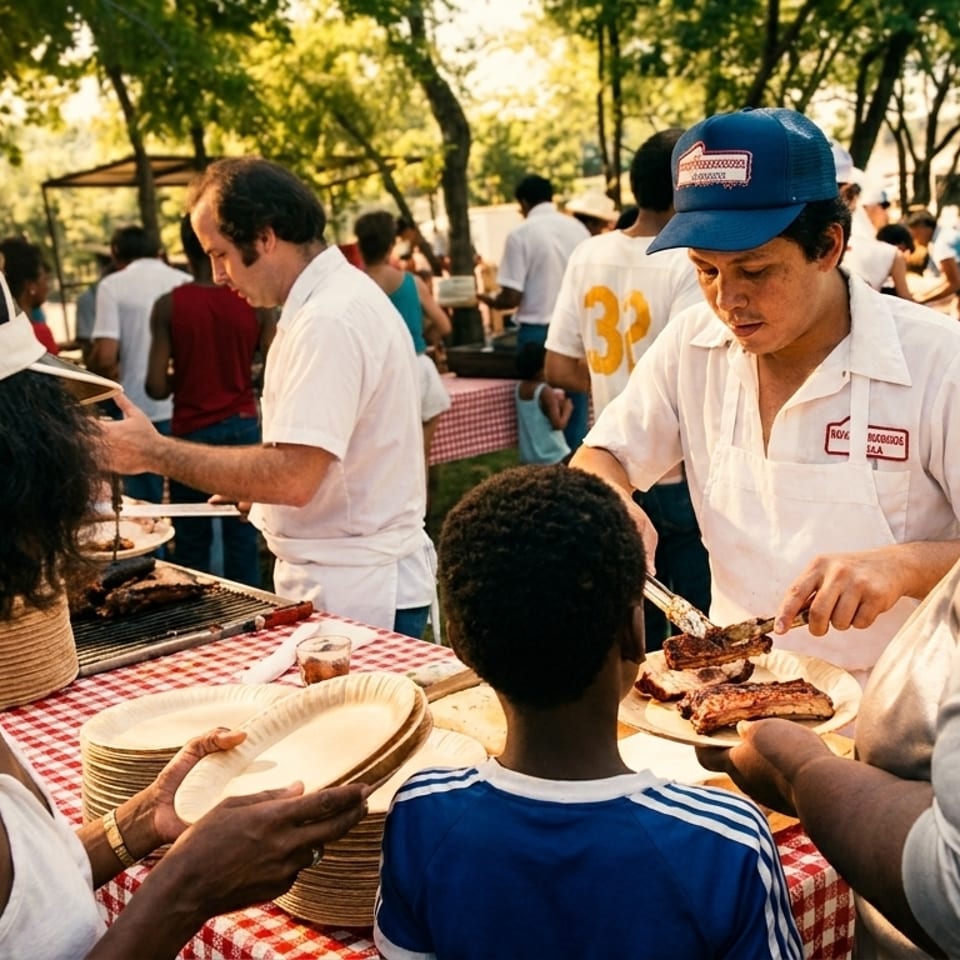 People gather outdoors for a barbecue, serving grilled ribs onto paper plates.